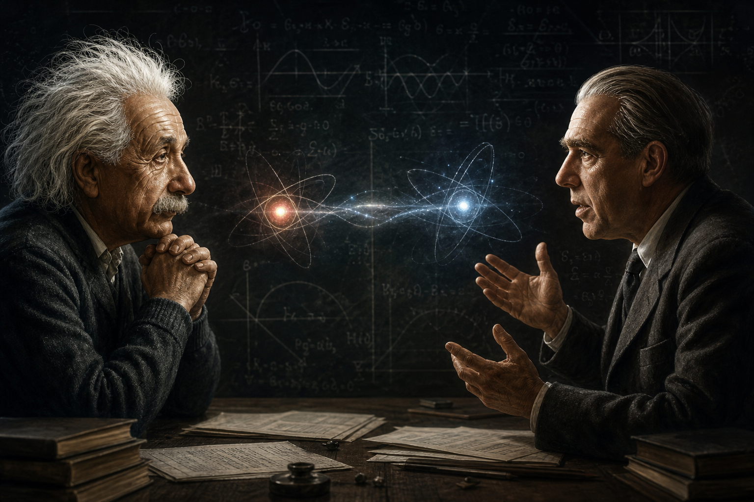 Einstein and Bohr conceptual debate illustration